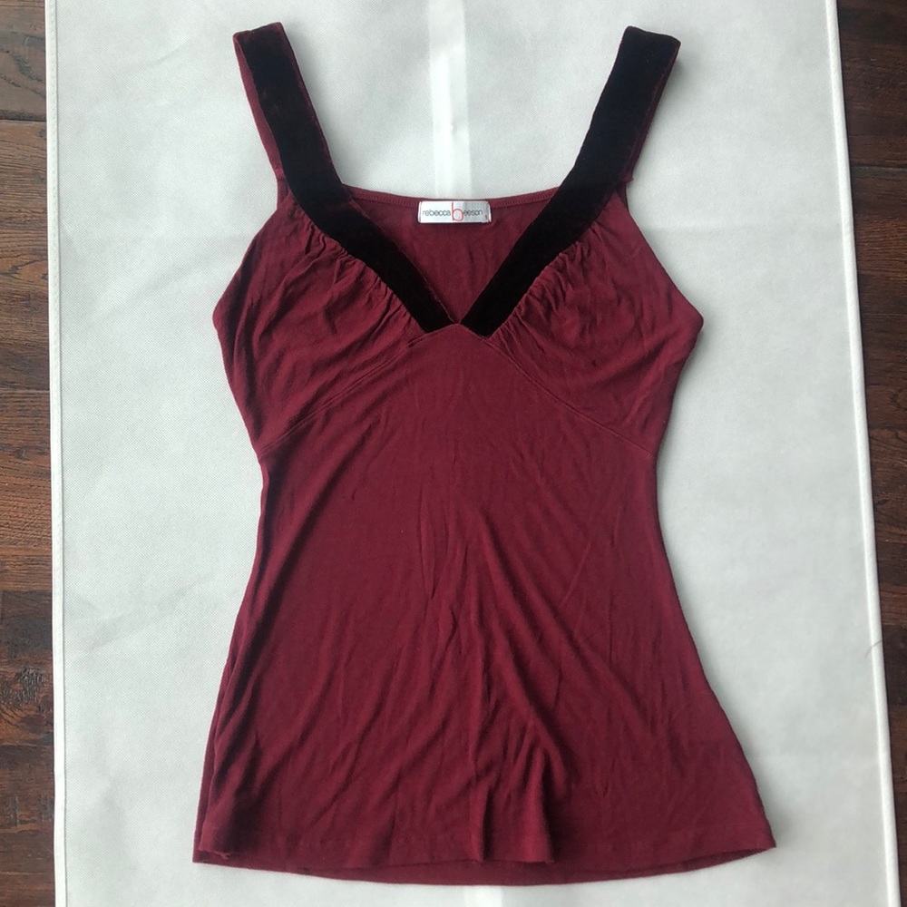 Rebecca Beeson burgundy top with velvet trim